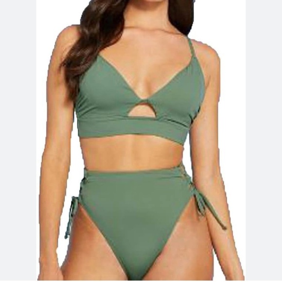 SHADE & SHORE Swimsuit Lace-Up Hight Waist 2 Piece Bikini Sage Green Size M/36C - Picture 1 of 16